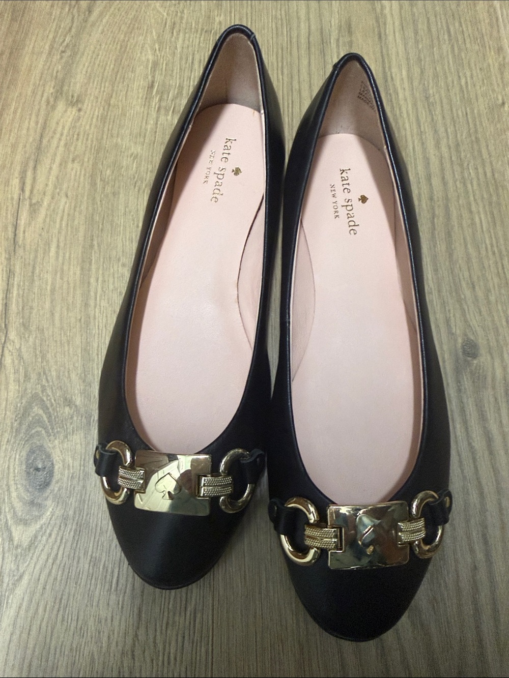 kate spade Black Leather Flats with Gold Chain Plaque